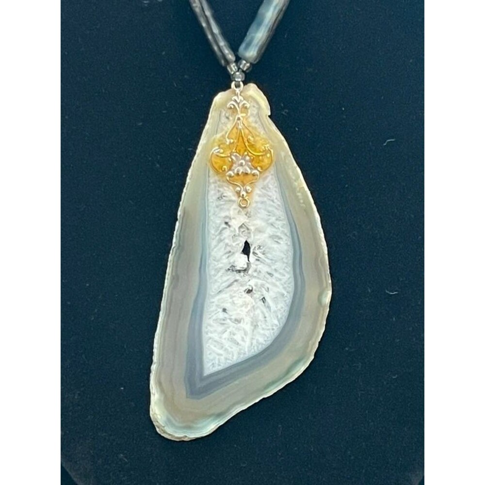 Vintage Large Grey Agate Geode Druzy Slice Necklace Boho Statement